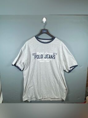 Vintage Ralph Lauren Polo Jeans Co Ringer T-Shirt Mens 3XL Gray Blue Graphic